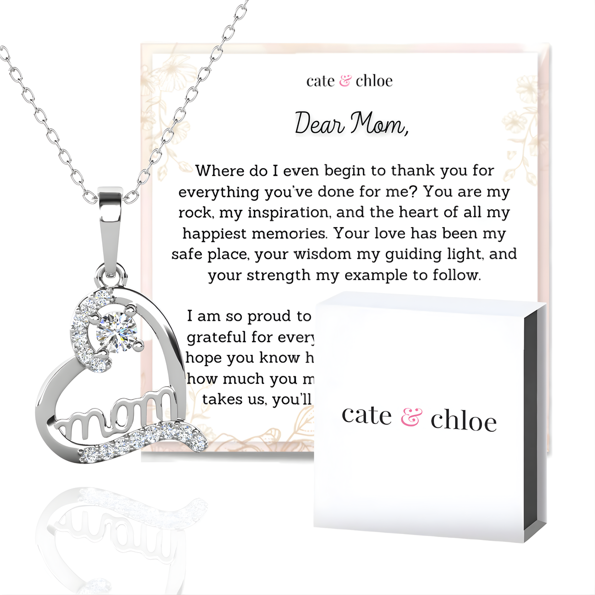 Thelma 18k White Gold Plated Necklace with Simulated Diamond Crystals & Heartfelt Message for Mom