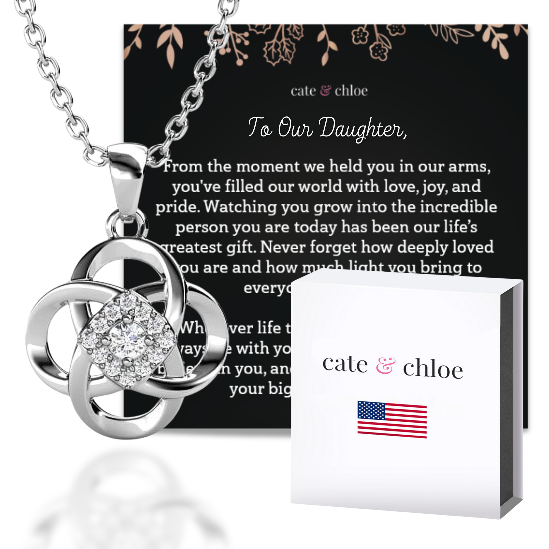 Nyssa 18k White Gold Plated Flower Pendant Necklace with Swarovski Crystals & Sentimental Message for Daughter