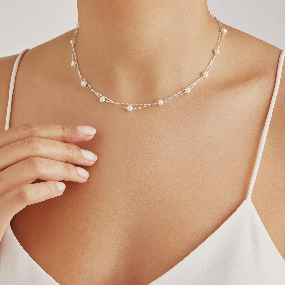 Solid White Gold Layered Pearl Necklace