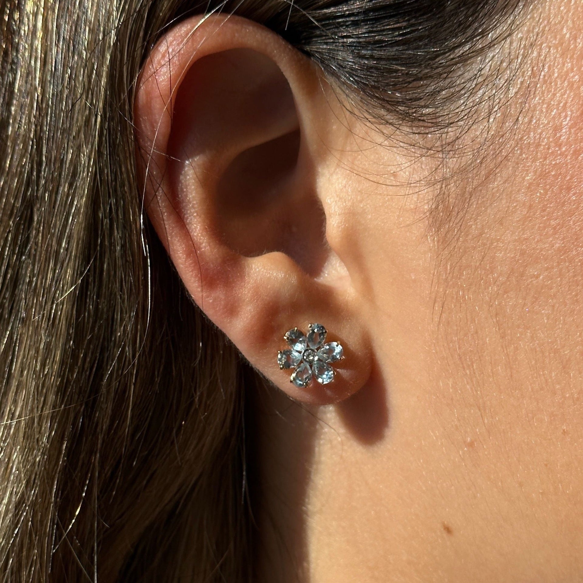 Gold Light Blue Topaz Diamond Flower Earring