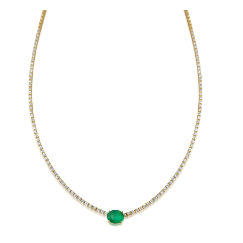 Gold Diamond Oval Emerald Tennis Necklace