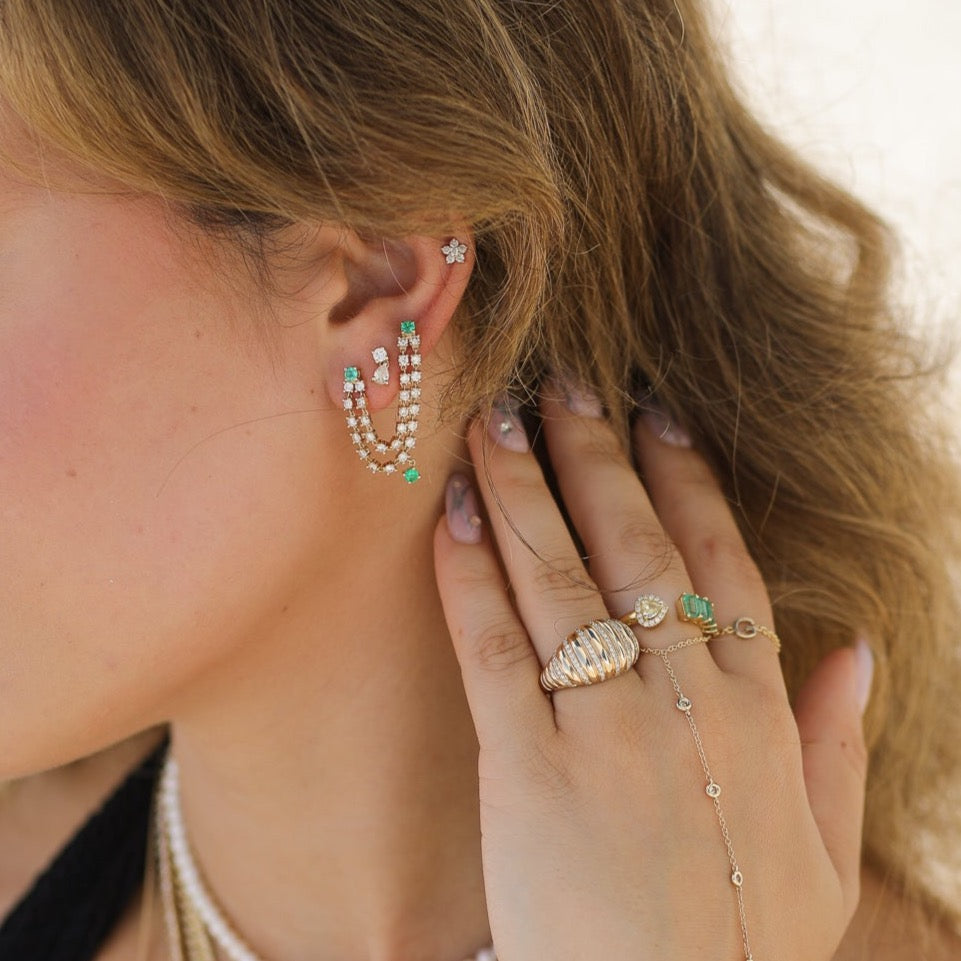 Gold Double Diamond Emerald Connecting Earring with Emerald Drop