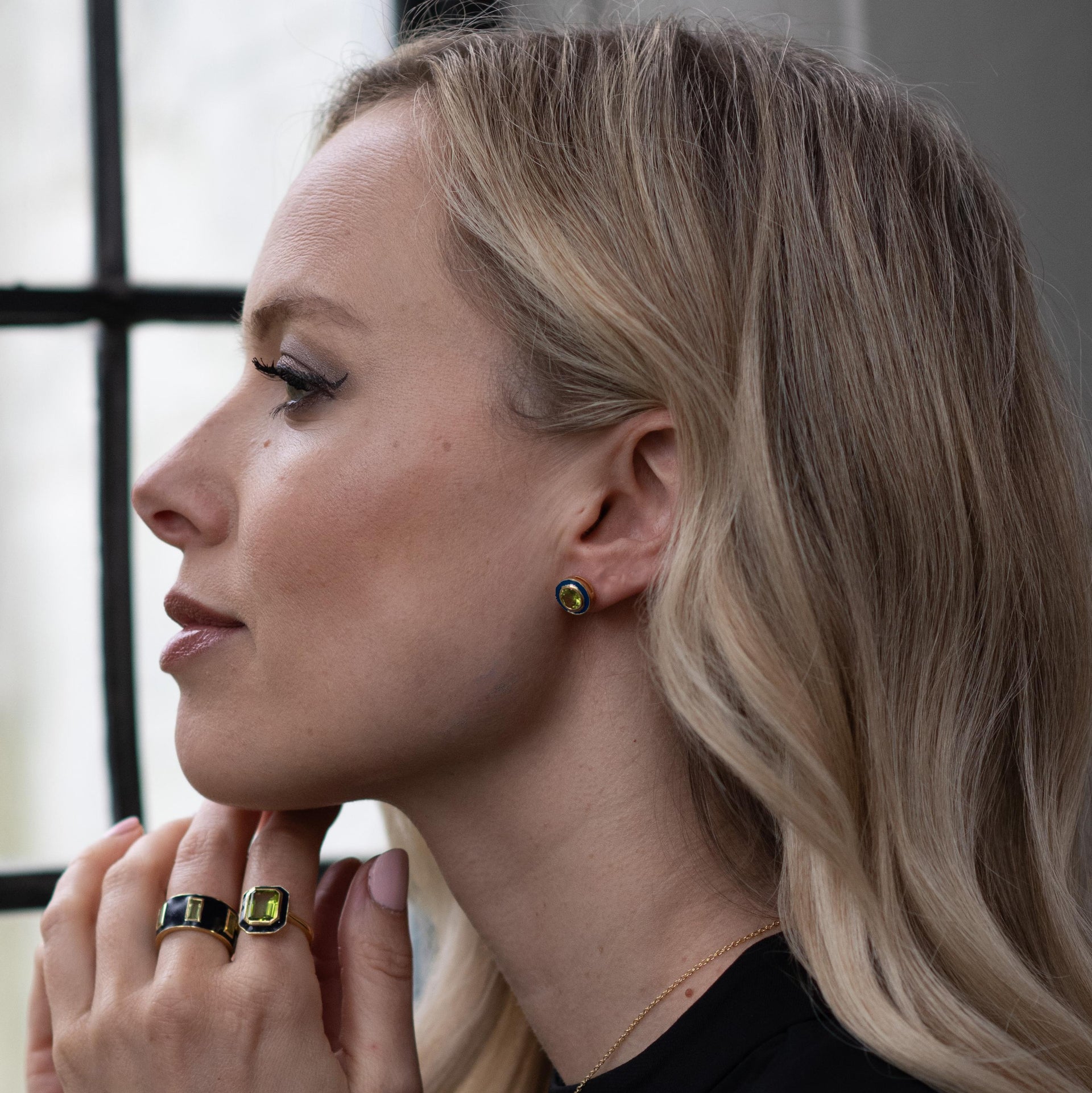 Peridot and Navy Enamel Stud Earrings