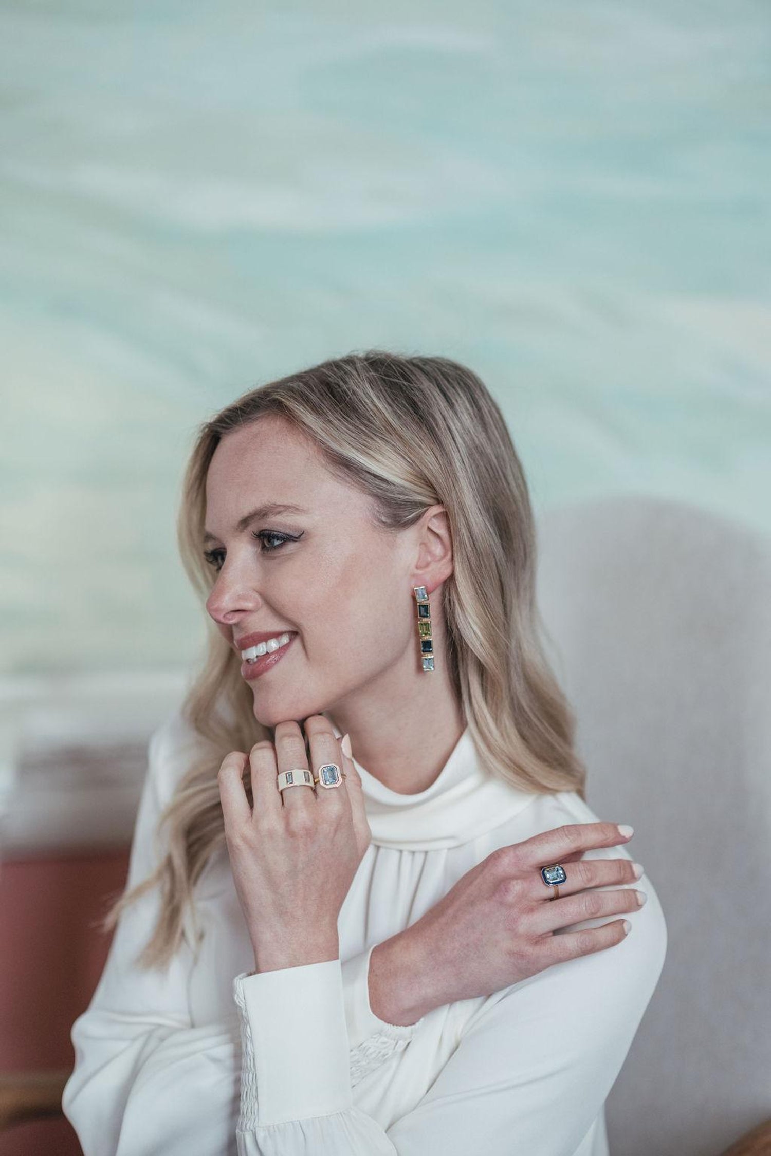 Sky Blue Topaz and White Enamel Drum Ring