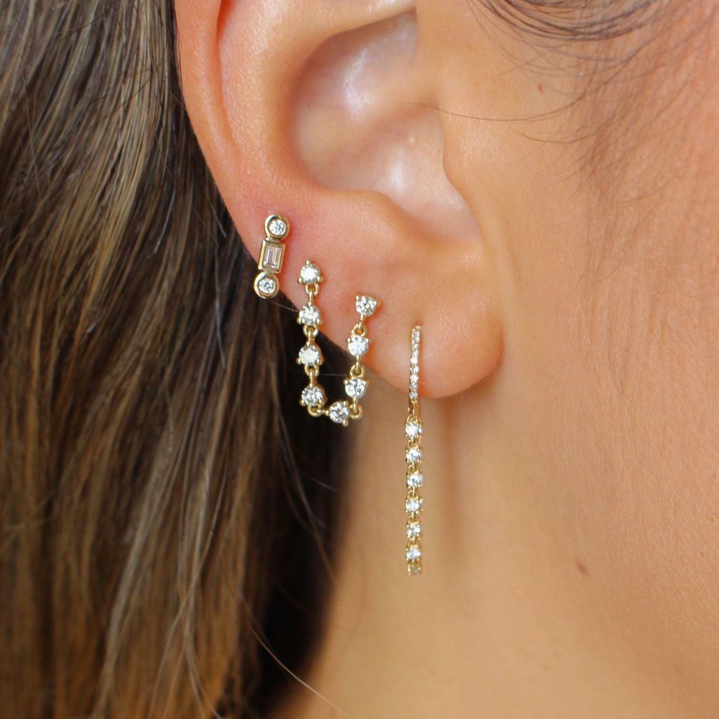 Gold Bezel Round Rectangle Diamond Line Stud Earring