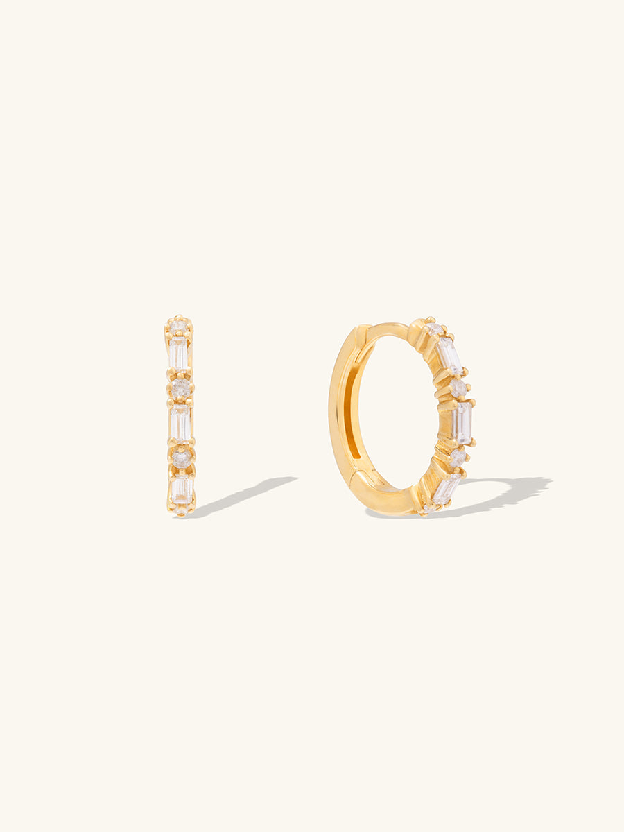 Classic Diamond Baguette 14K Solid Gold 8mm Baby Huggie Earrings