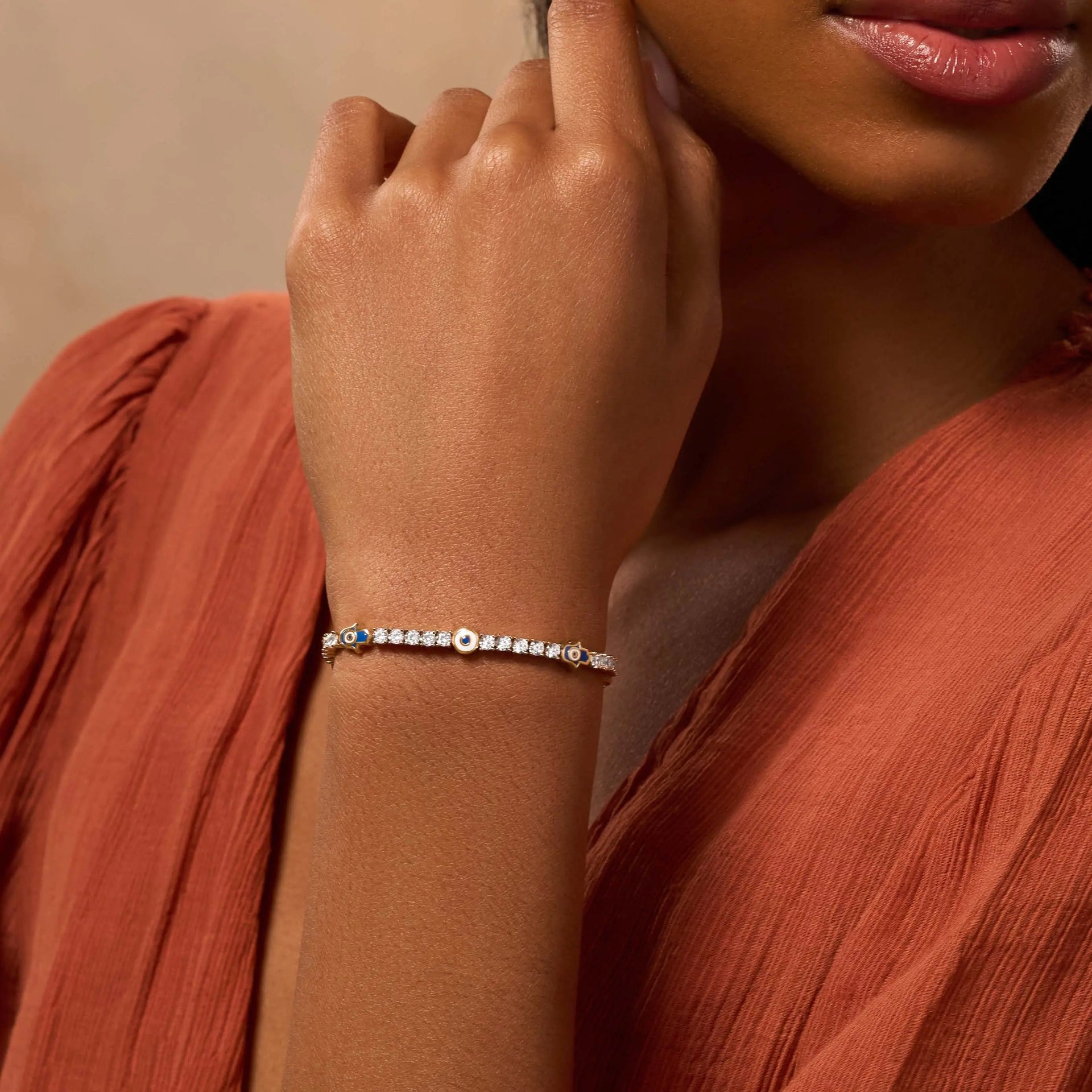 Warden of Peace Gold Evil Eye & Hamsa Tennis Bracelet