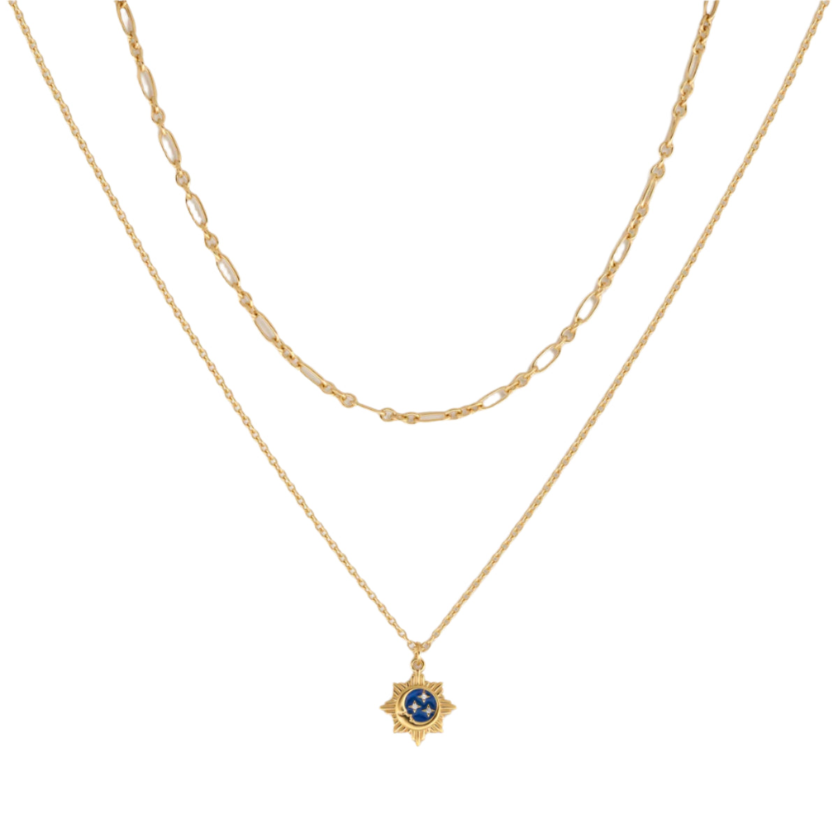 Reflected Bliss Gold Moon & Stars Double Chain Gold Necklace