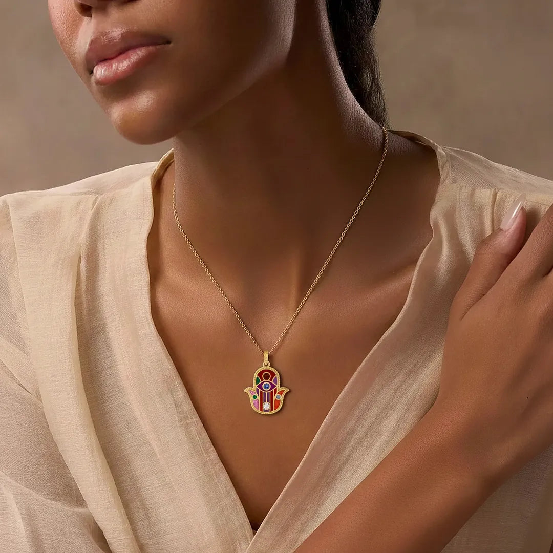 Divine Aura Multi-Gemstone Hamsa Charm Necklace