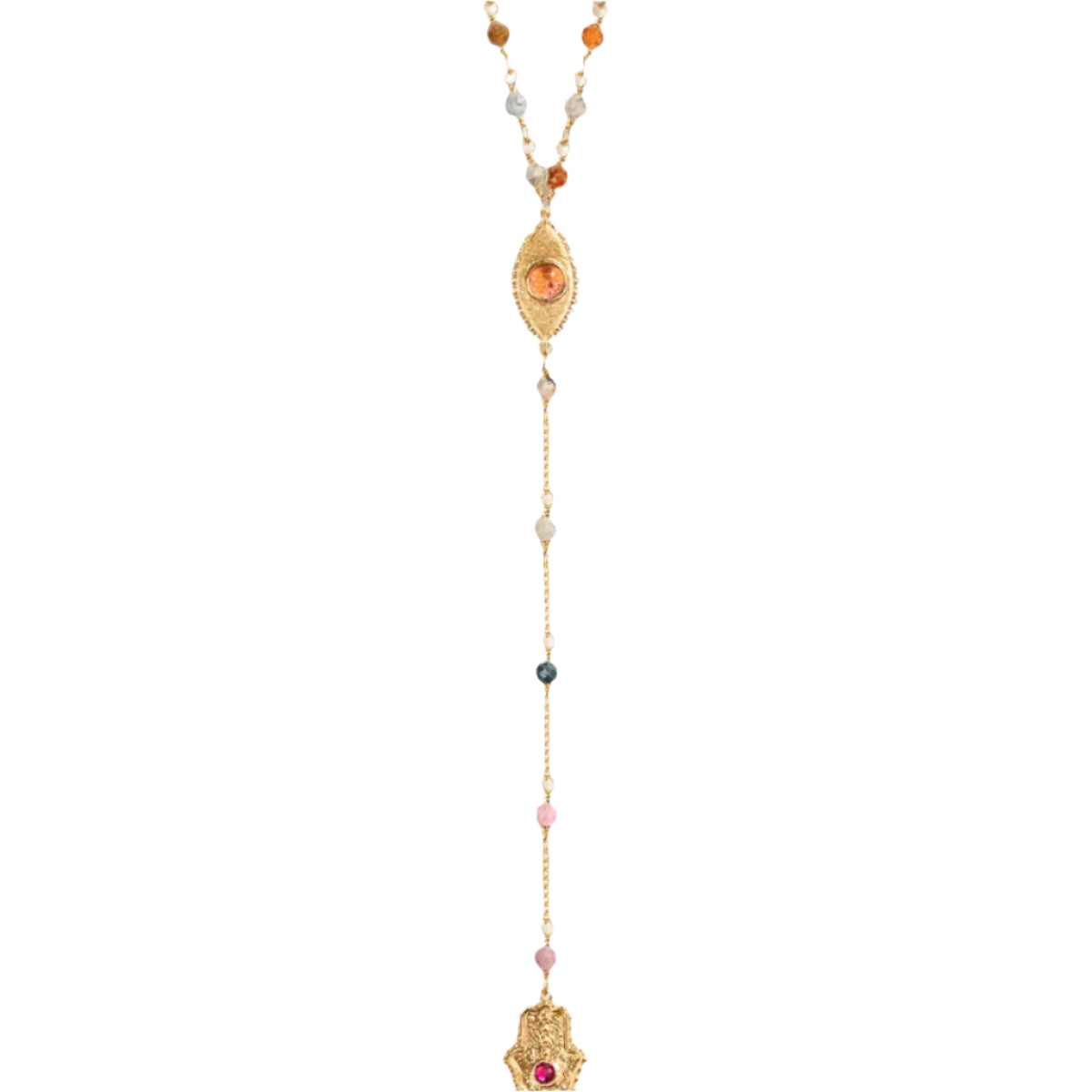 Benevolent Spirit - Tourmaline Evil Eye Hamsa Lariat Necklace