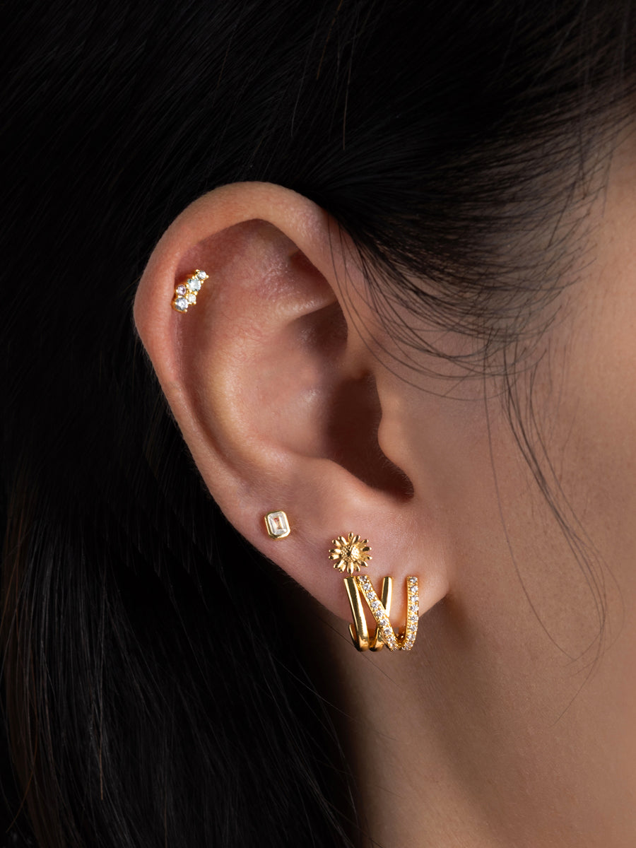 Double Pave V Gold Stud Earrings