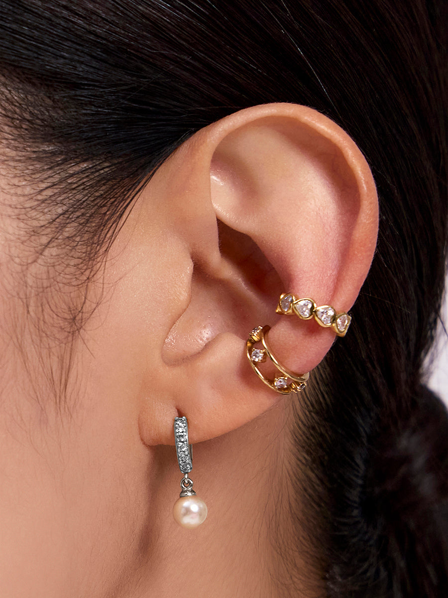 Pave Pearl Silver Drop 7mm Baby Huggie Earrings