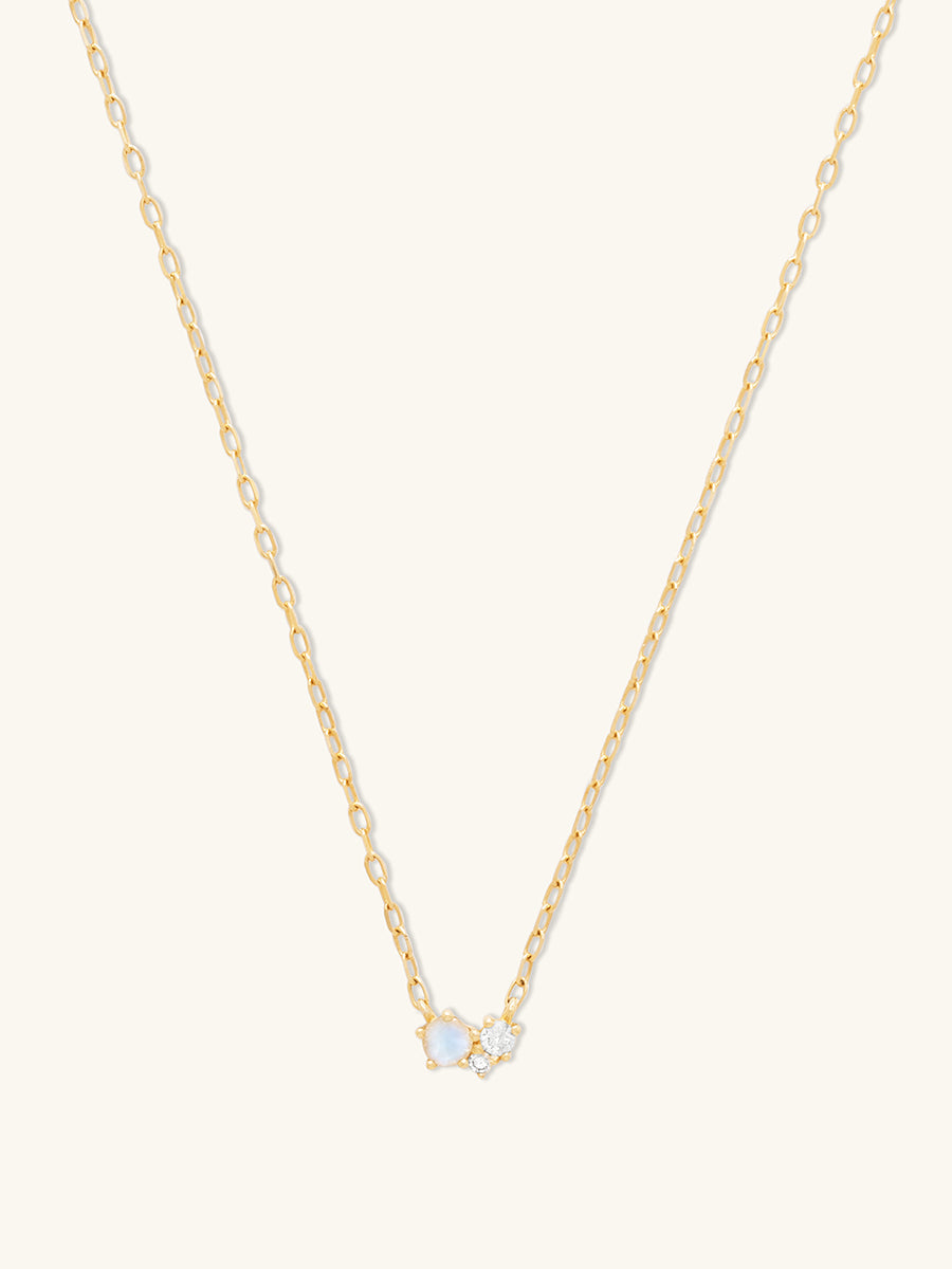 Cluster Diamond & Moonstone 14K Solid Gold Necklace