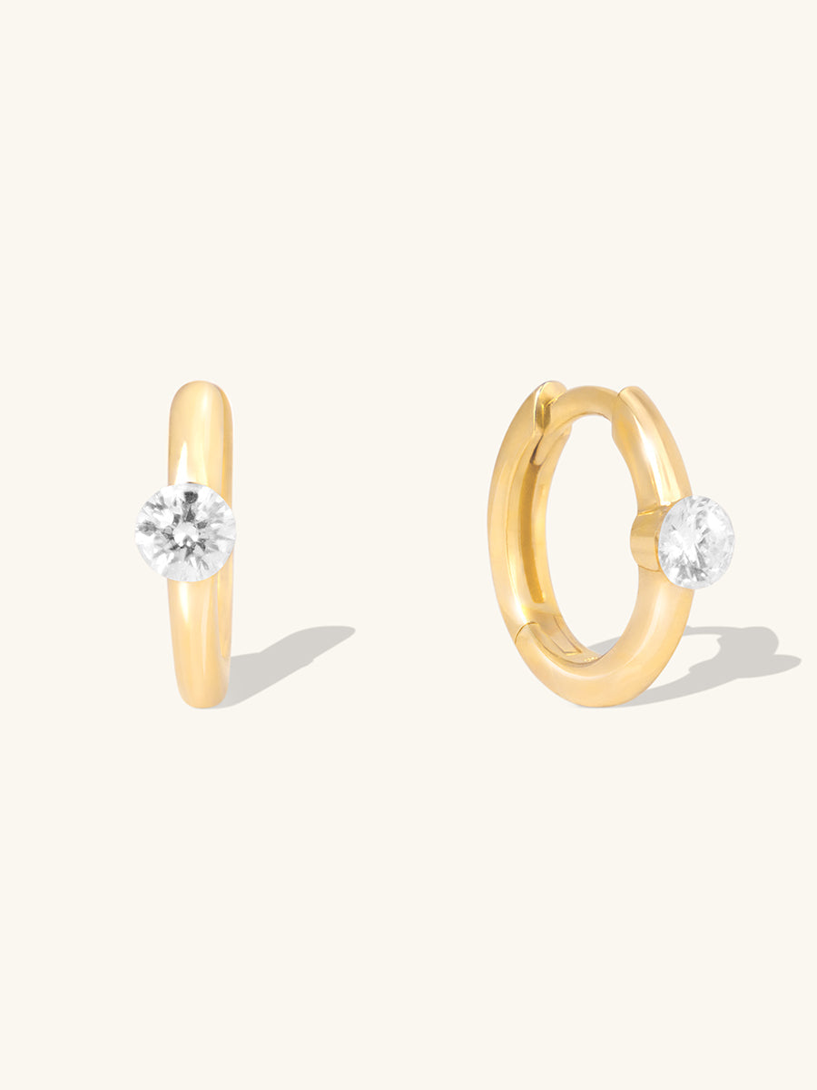 Floating Diamond 14K Solid Gold 10mm Huggie Earrings