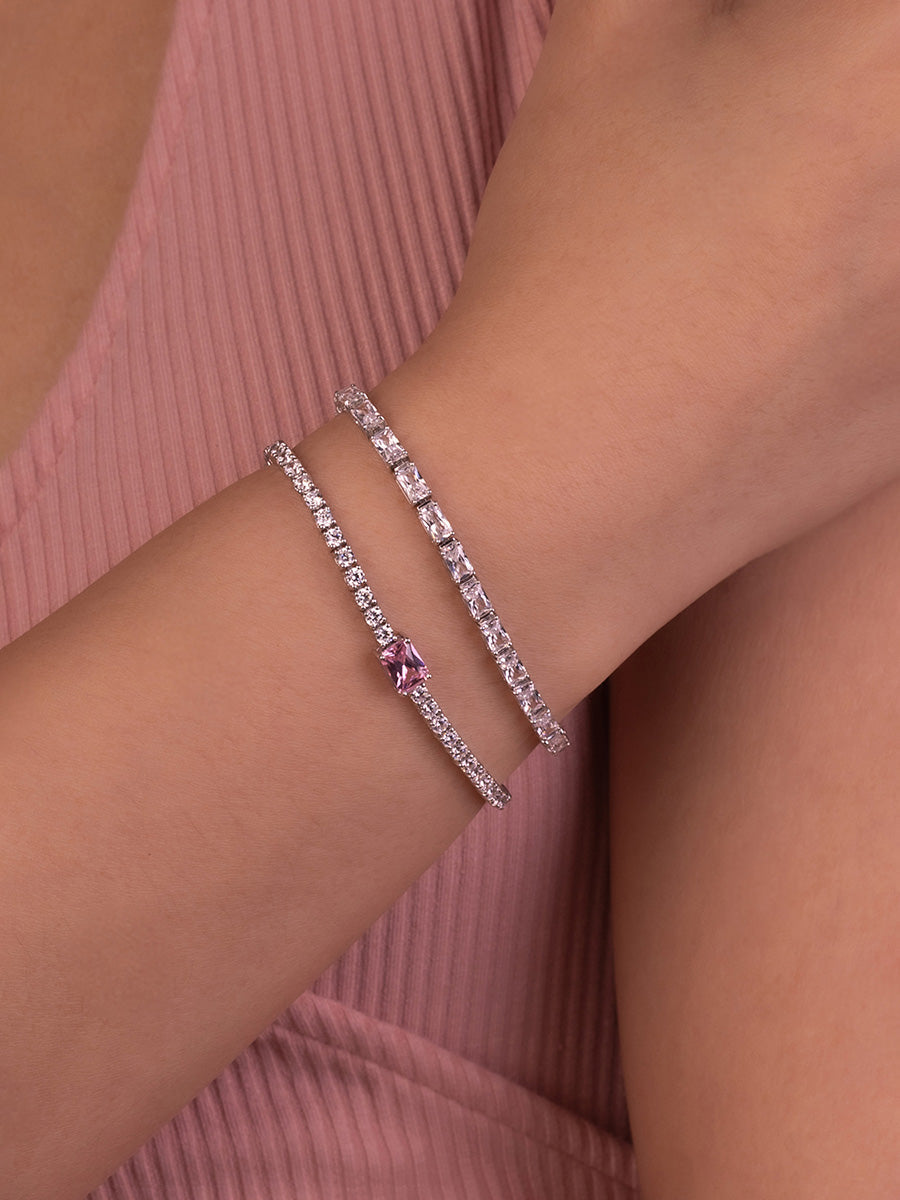 Pave 925 Sterling Silver Baguette Pink Tennis Bracelet