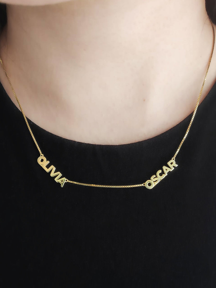 14K Gold Vermeil Double Name Necklace with Classic Box Chain
