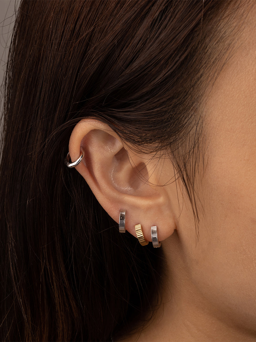 Ribbed Bar Silver 8mm Baby Huggie Earrings
