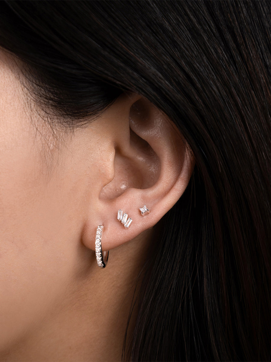 Trio Baguette Silver Flat Back Earring