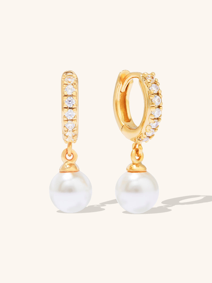 Pave Pearl Gold Drop 7mm Baby Huggie Earrings