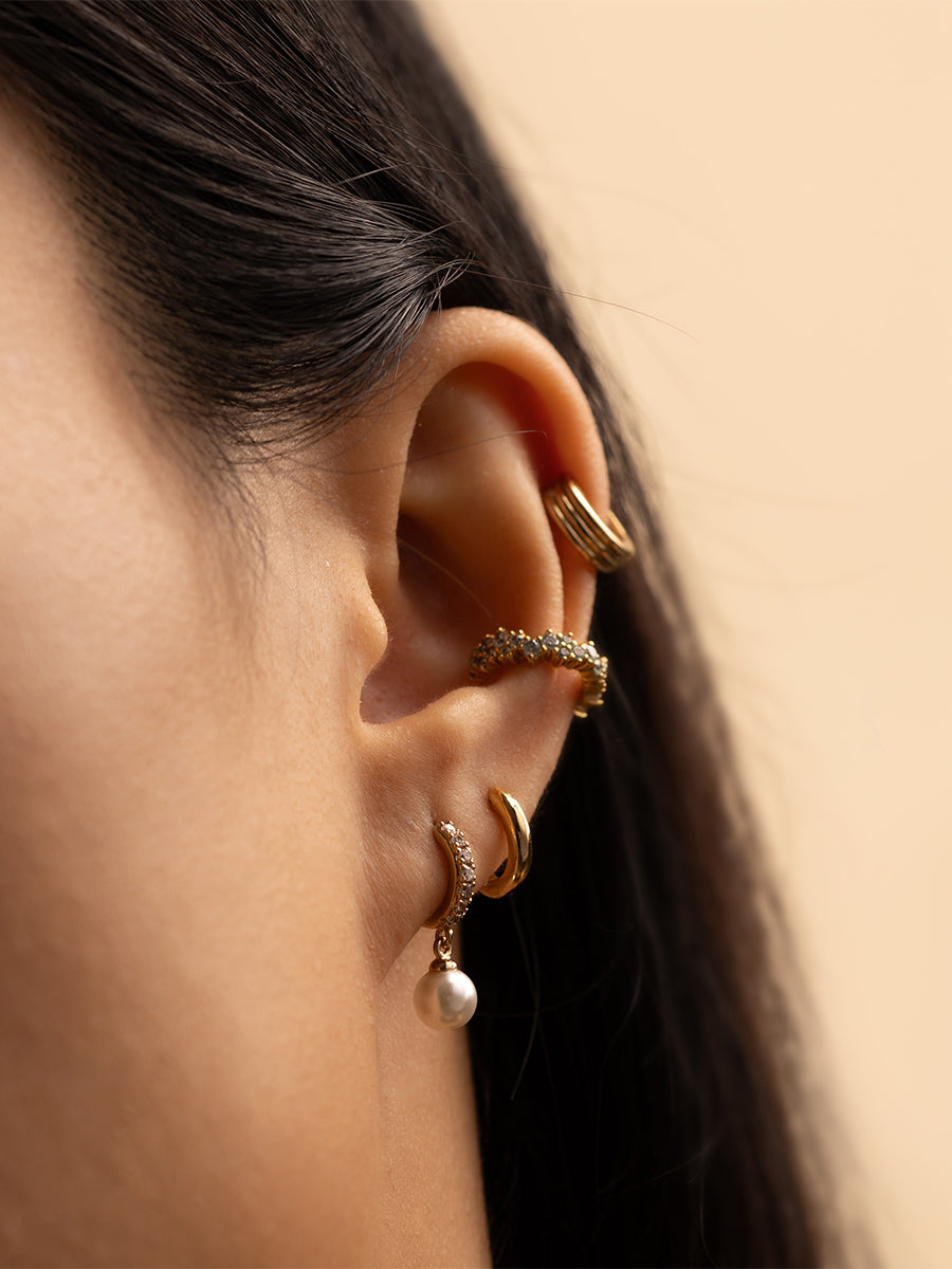 Pave Pearl Gold Drop 7mm Baby Huggie Earrings