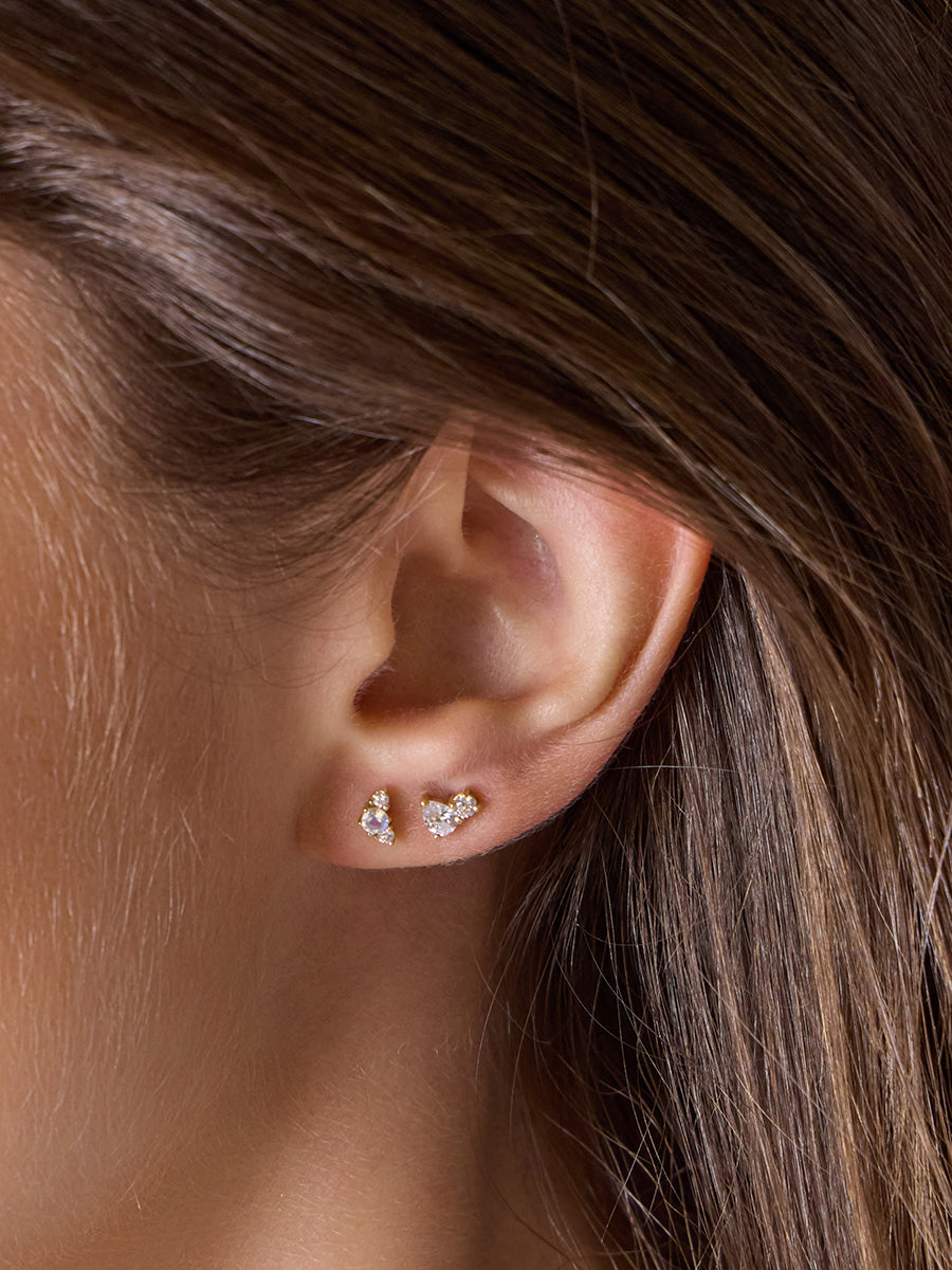 Cluster Diamond & Moonstone 14K Solid Gold Flat Back Earring