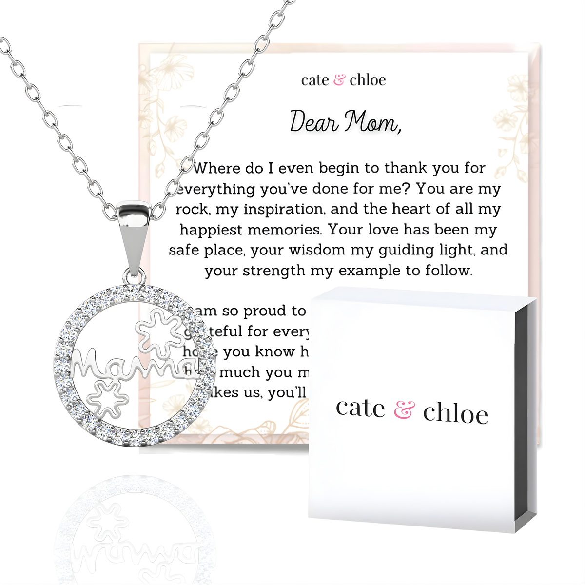 Willa 18k White Gold Plated Circle Mama Necklace with Simulated Diamond Crystals & Heartfelt Message for Mom