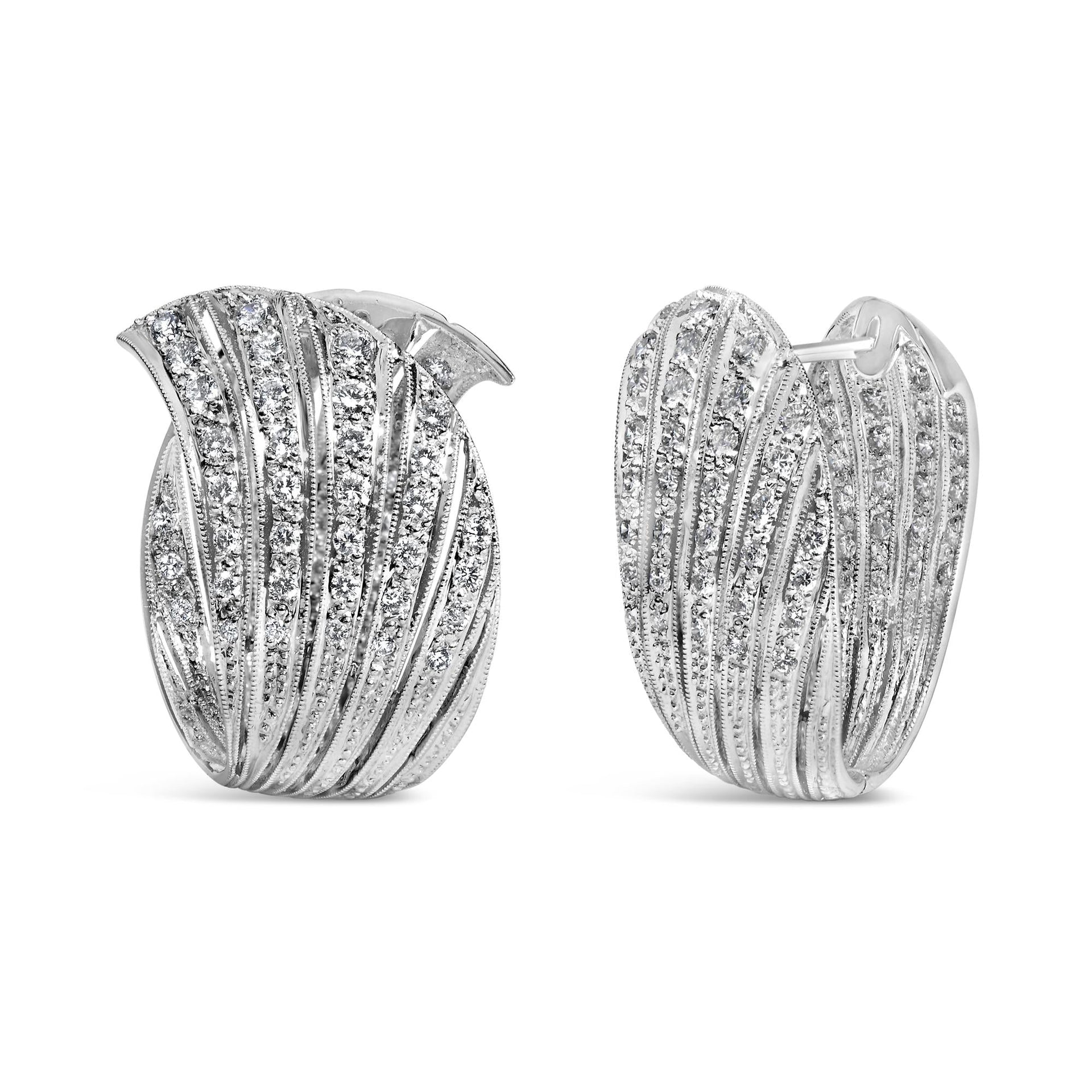 18K White Gold 1 3/5 Pave Set Diamond Curved Silhouette Hoop Earrings (F-G Color, VS1-VS2 Clarity)