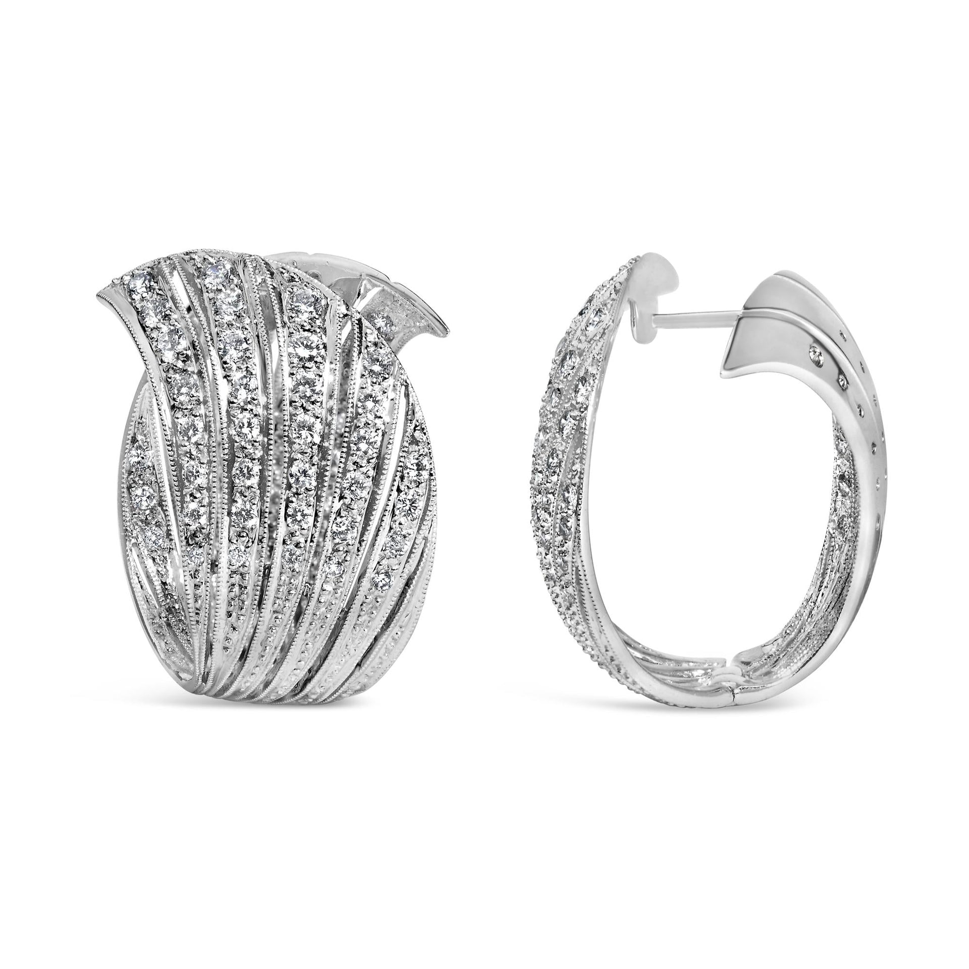 18K White Gold 1 3/5 Pave Set Diamond Curved Silhouette Hoop Earrings (F-G Color, VS1-VS2 Clarity)