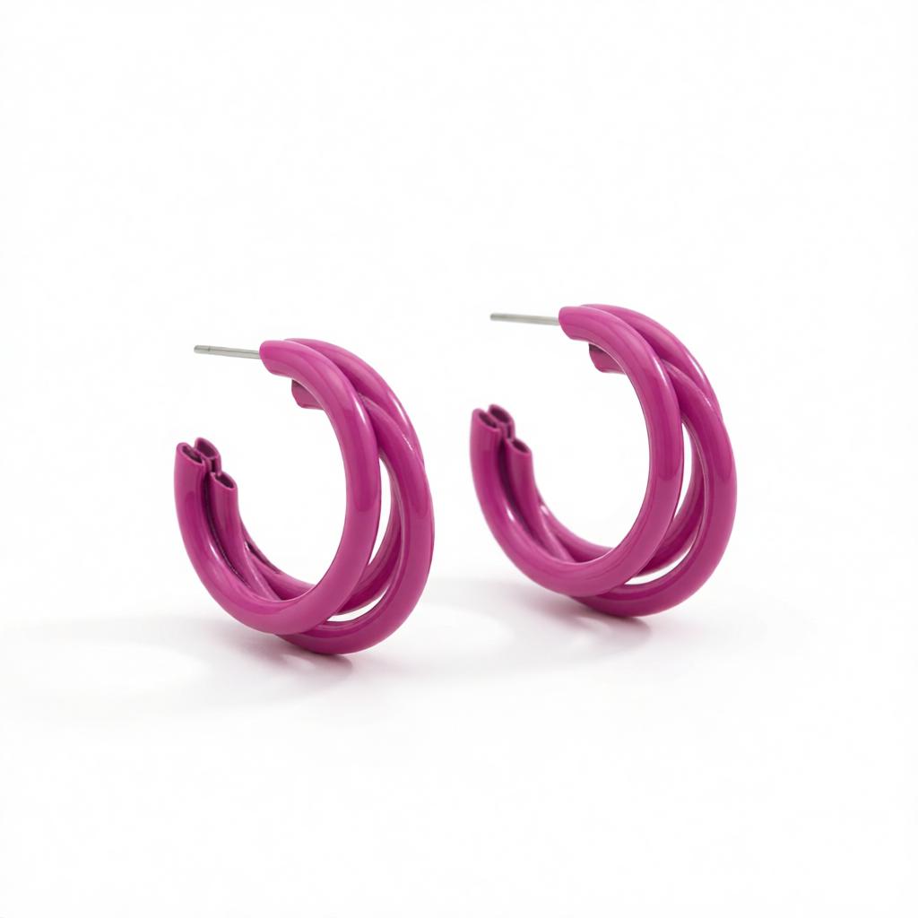 Rose Enamel & Silver-Plated Stacked Tube Hoop Earrings
