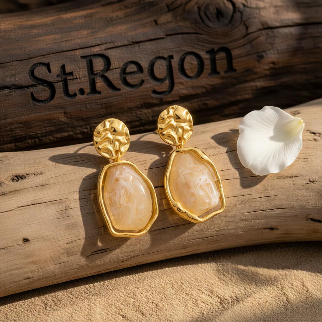 Beige Resin & Goldtone Hammered Stacked Irregular Dangle Earrings
