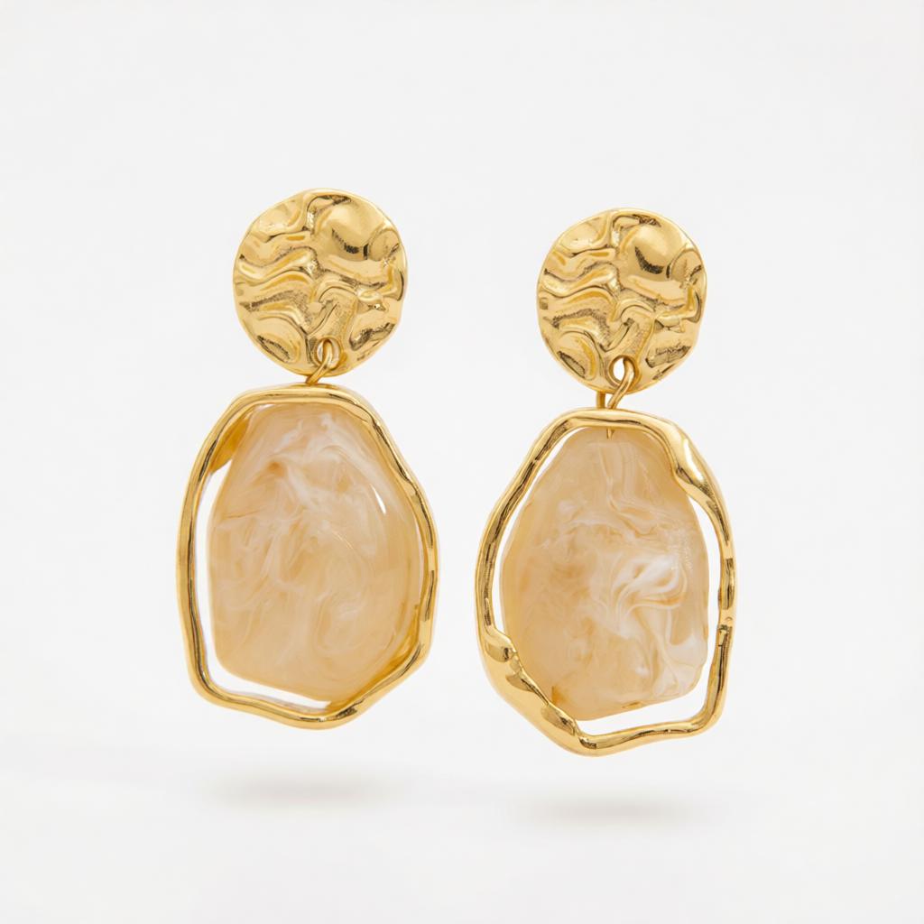 Beige Resin & Goldtone Hammered Stacked Irregular Dangle Earrings