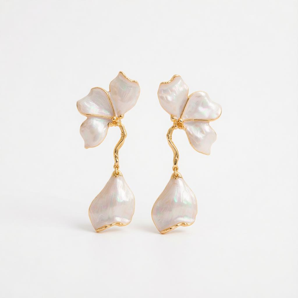 White Enamel & Goldtone Petals Dangle Earrings