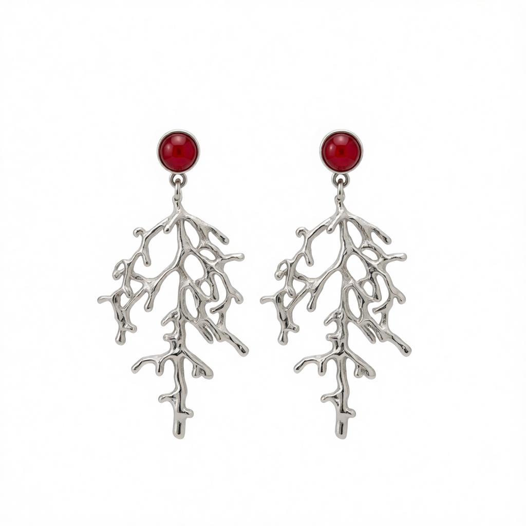 Red Resin & Silvertone Branch Dangle Earrings