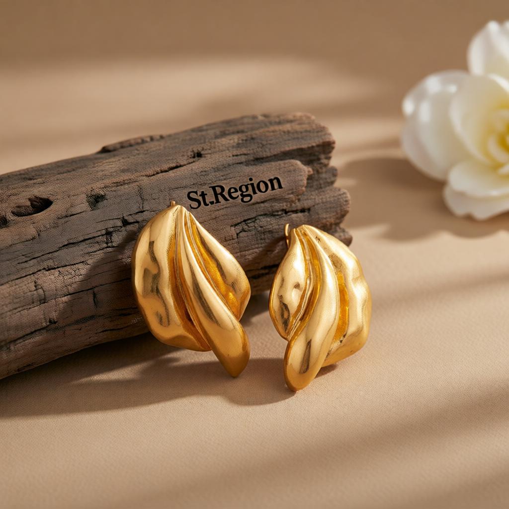 Goldtone Textured Leaf Stud Earrings