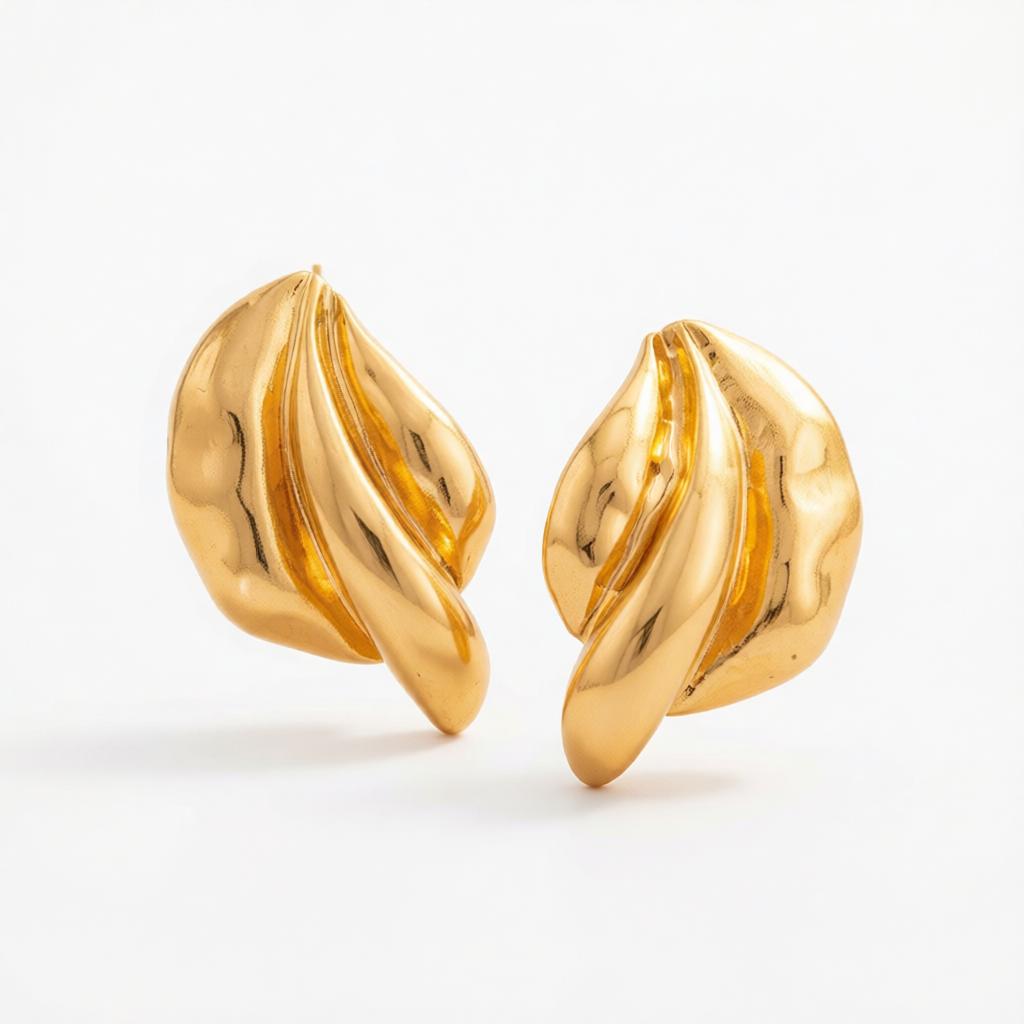 Goldtone Textured Leaf Stud Earrings