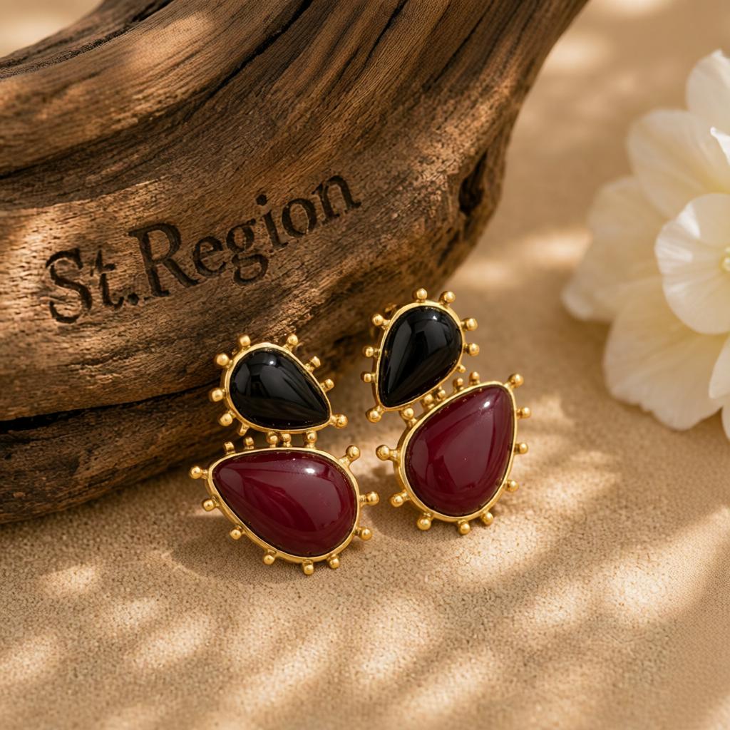 Black Resin & Goldtone Dual Drop Earrings