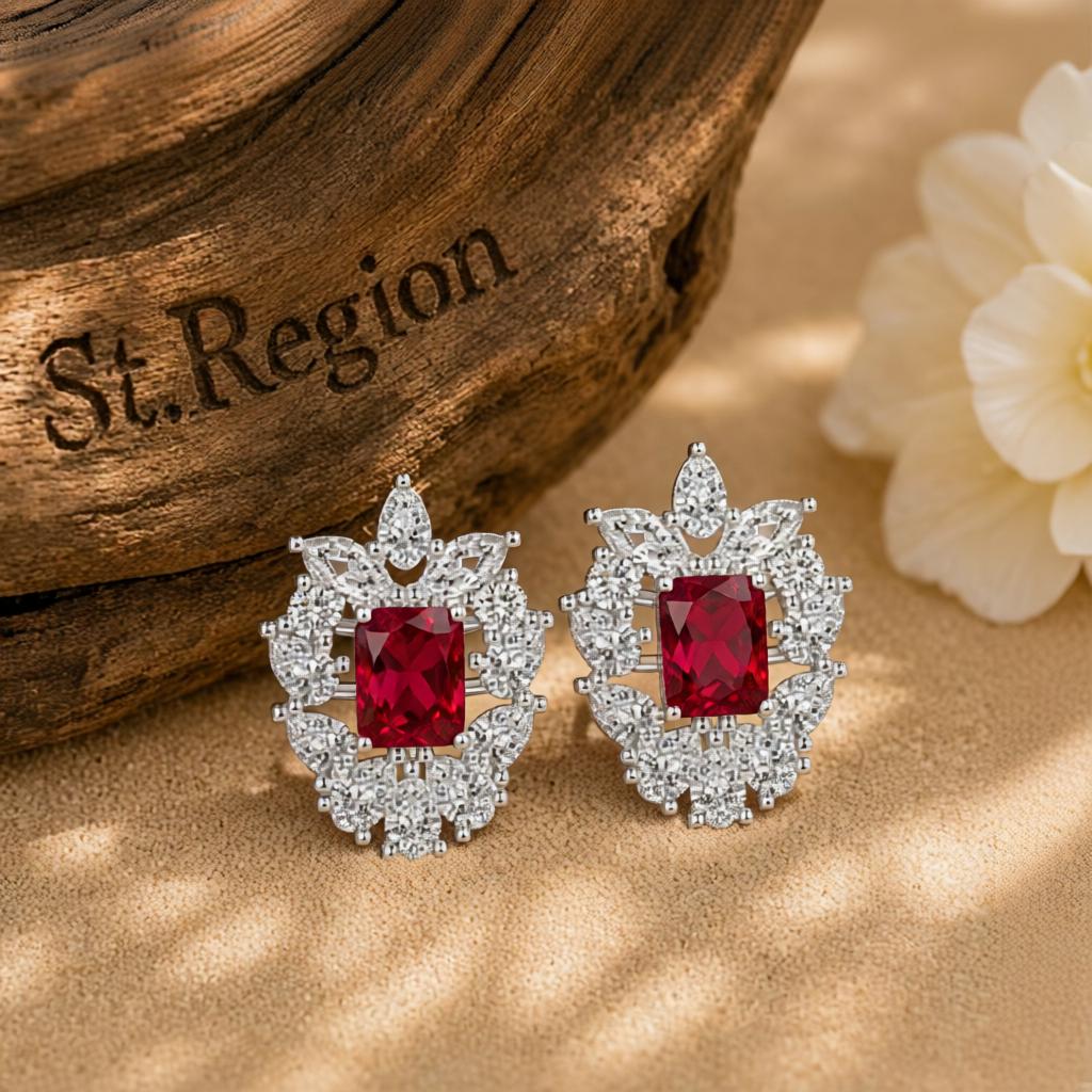 Red Crystal & Cubic Zirconia Cluster Stud Earrings