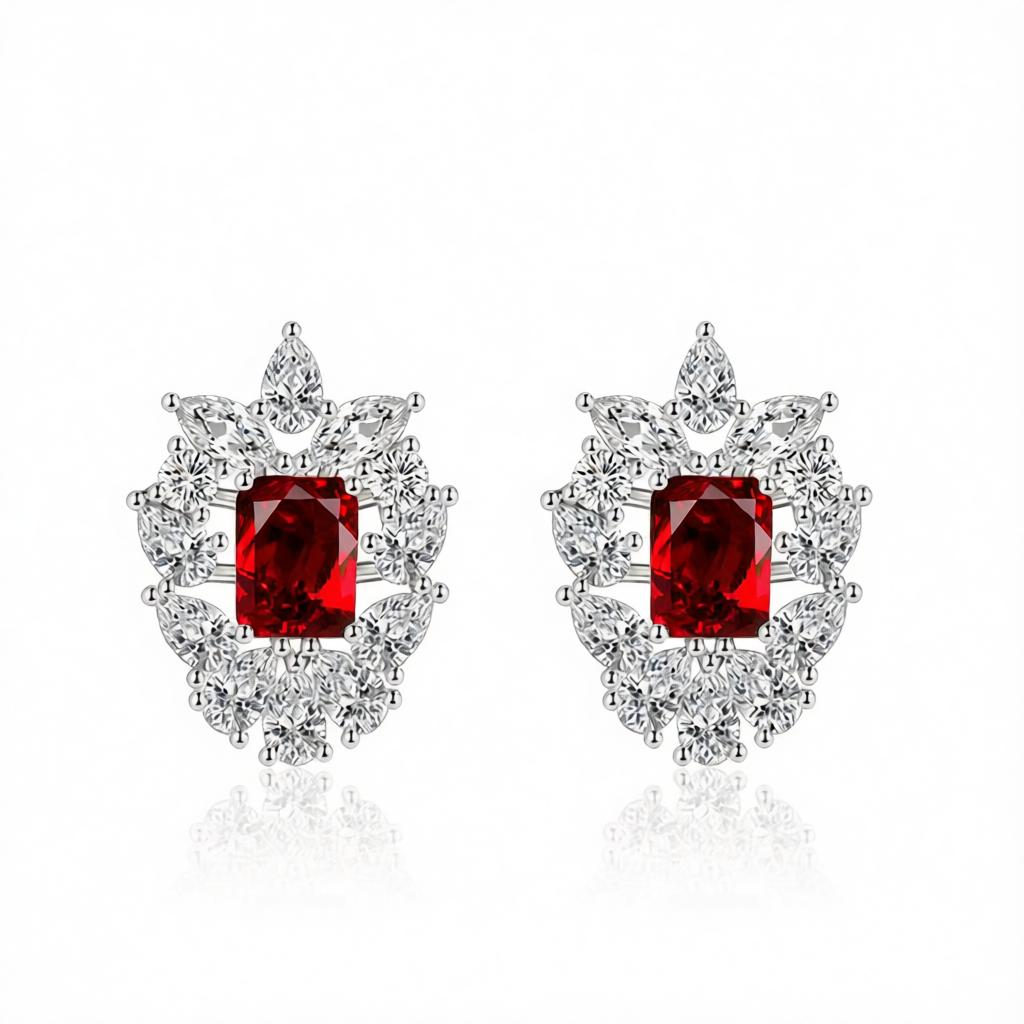 Red Crystal & Cubic Zirconia Cluster Stud Earrings