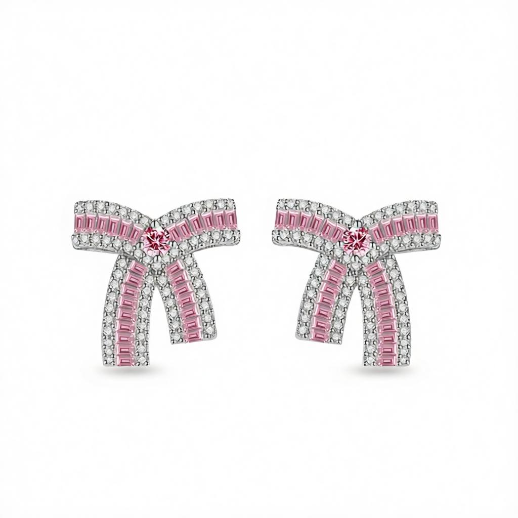 Pink Crystal & Cubic Zirconia Bow Stud Earrings