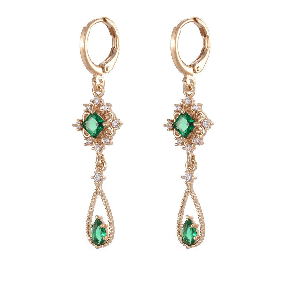 Emerald Crystal & Cubic Zirconia Goldtone Rhombus Drop Huggie Earrings