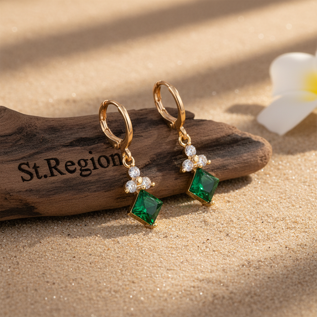 Emerald Crystal & Cubic Zirconia Goldtone Flower Rhombus Huggie Earrings