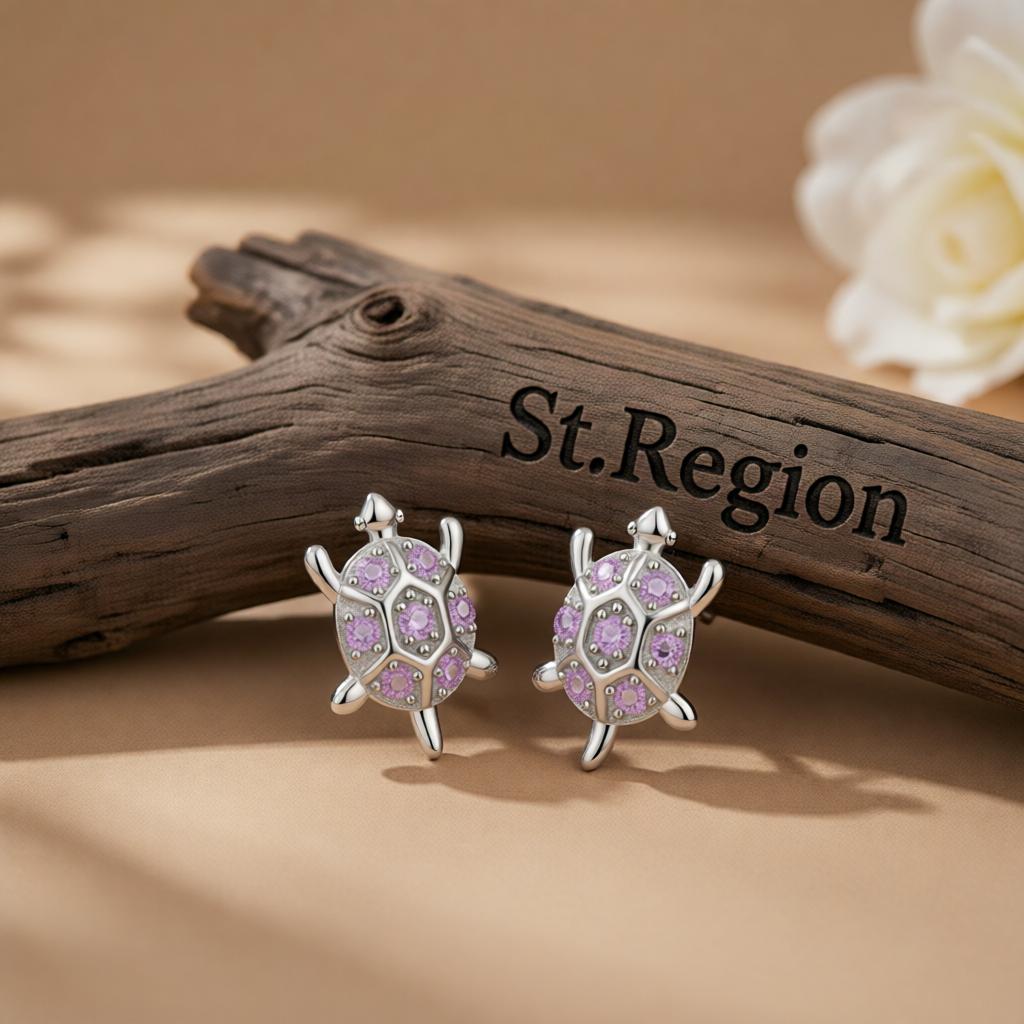 Purple Cubic Zirconia & Silver-Plated Turtle Stud Earrings