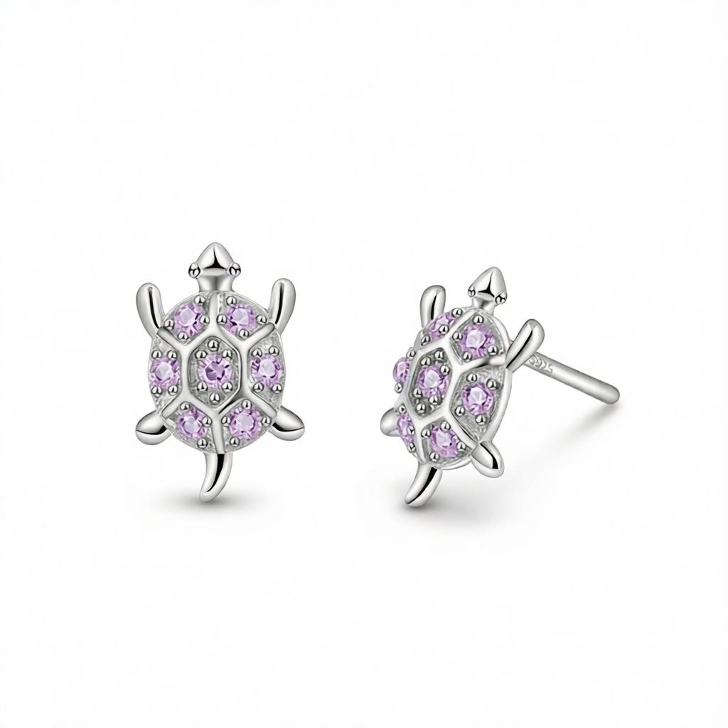Purple Cubic Zirconia & Silver-Plated Turtle Stud Earrings