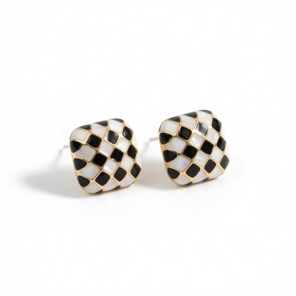 Black & White Checkerboard Square Stud Earrings