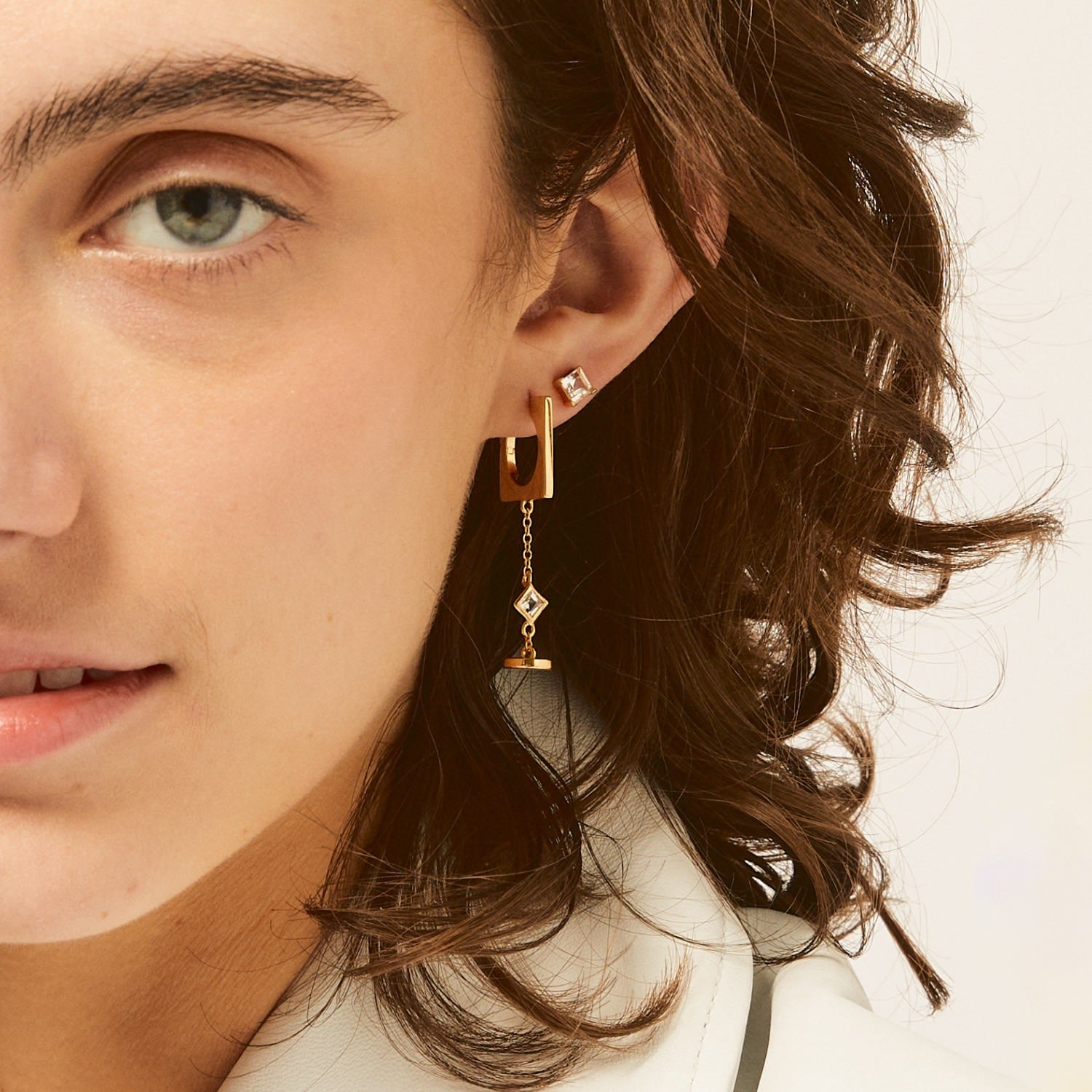 A Dream, Aloud Earrings - 18K Gold Vermeil Hoop Earrings With Cable Chain Drop, White Topaz Gemstones, And Hanging Charm