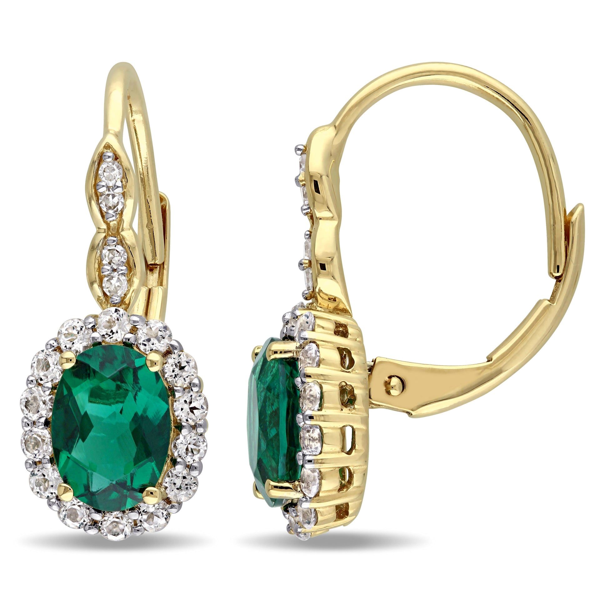 Mimi & Max Women's 2 1/4ct TGW Oval Shape Created Emerald, White Topaz and Diamond Accent Vintage LeverBack Earrings in 14k Yellow Gold