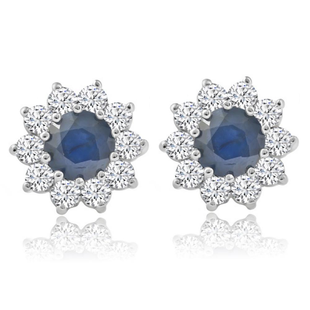 1 3/4ct Blue Sapphire & Diamond Halo Studs Earrings 14K White Gold