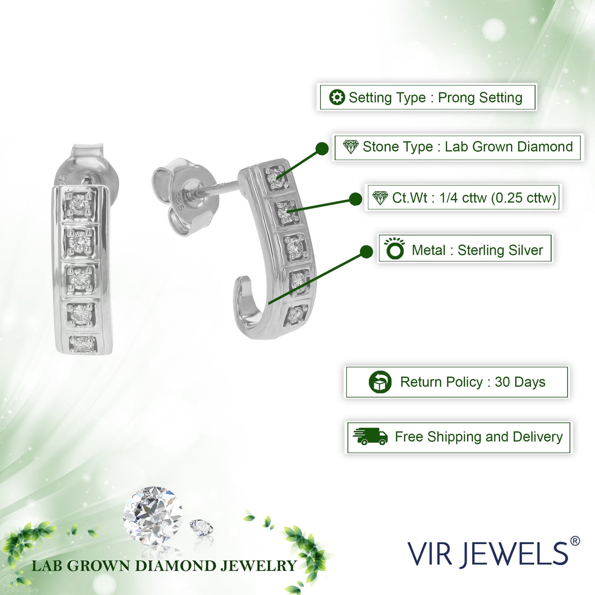 1/5 cttw Round Lab Grown Diamond Dangle Earrings for Women in .925 Sterling Silver Prong Setting Size 2/3 Inch J-shape