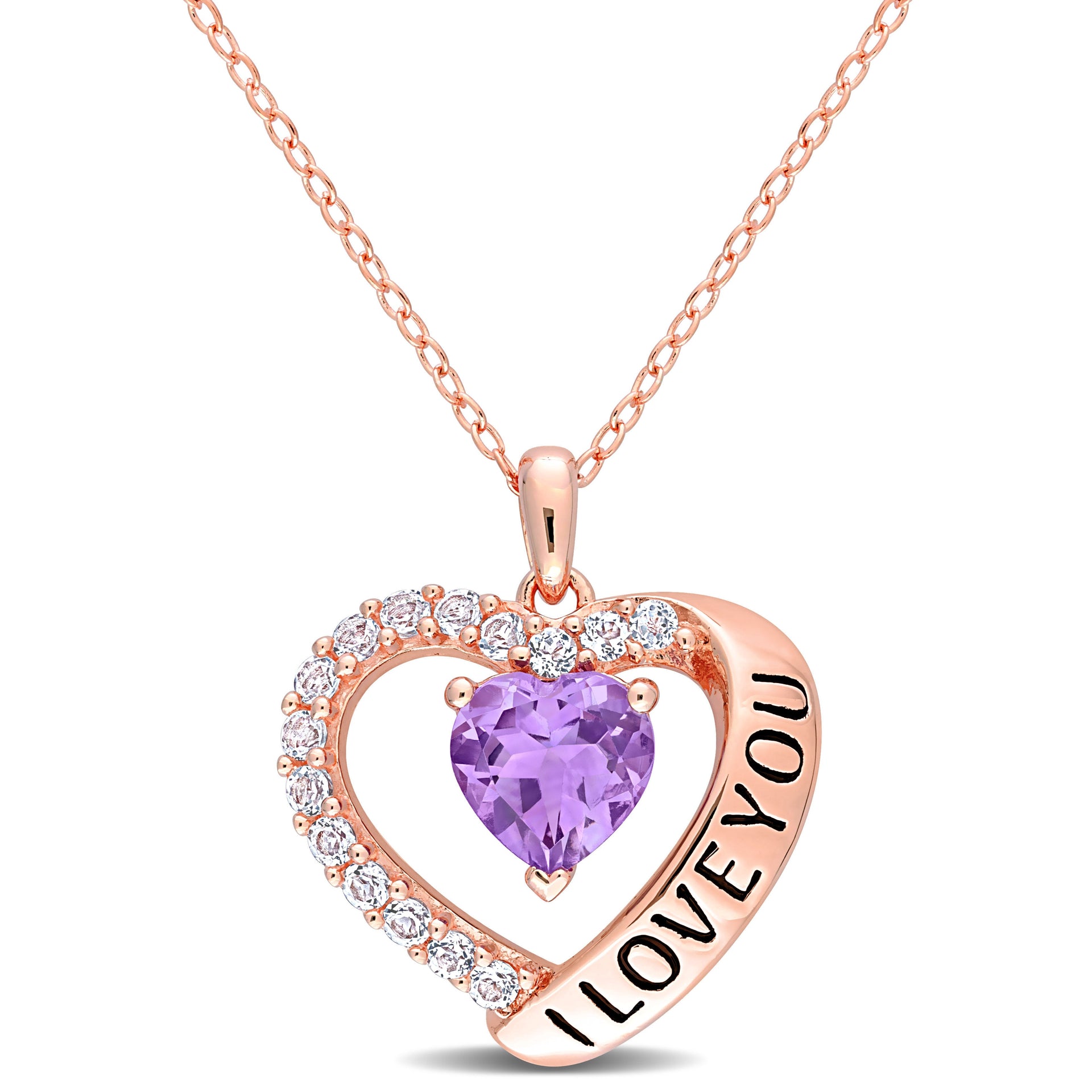 Mimi & Max 1 5/8 CT TGW Amethyst and White Topaz Heart 'I Love You' Pendant with Chain in Rose Plated Sterling Silver