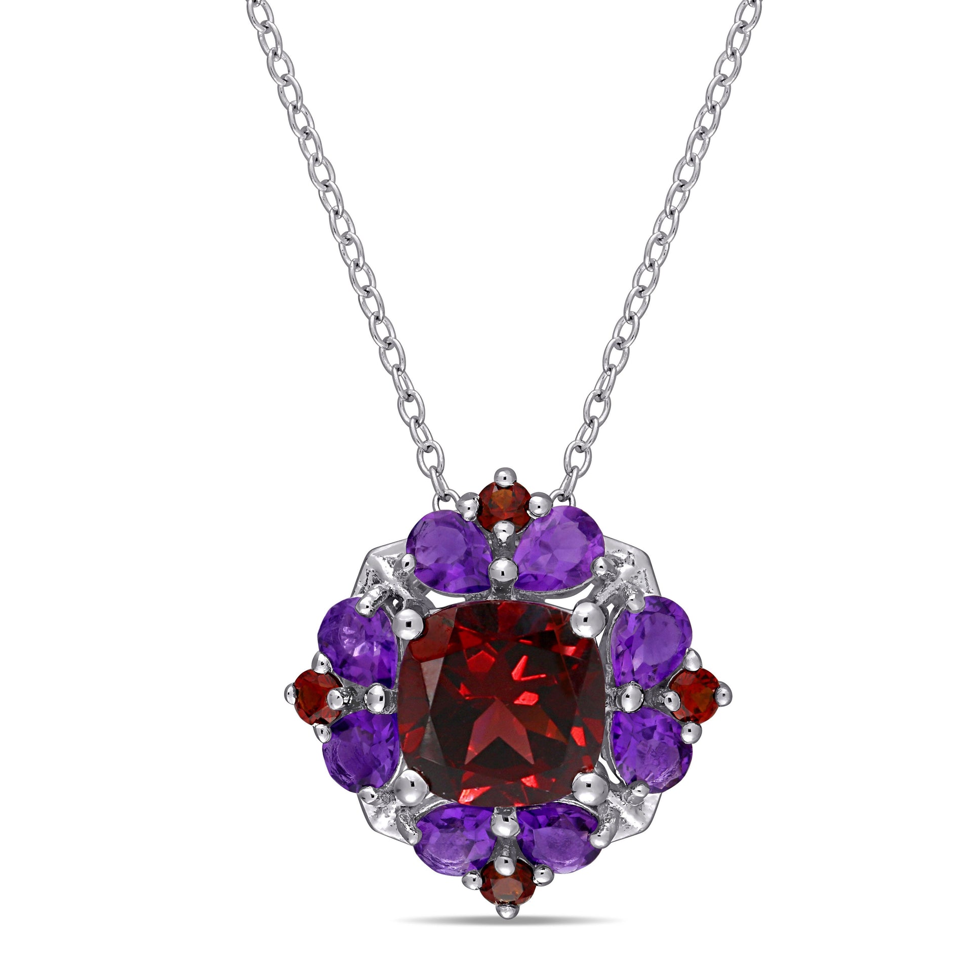 4 2/5ct TW Garnet and African Amethyst Quatrefoil Floral Necklace in Sterling Silver